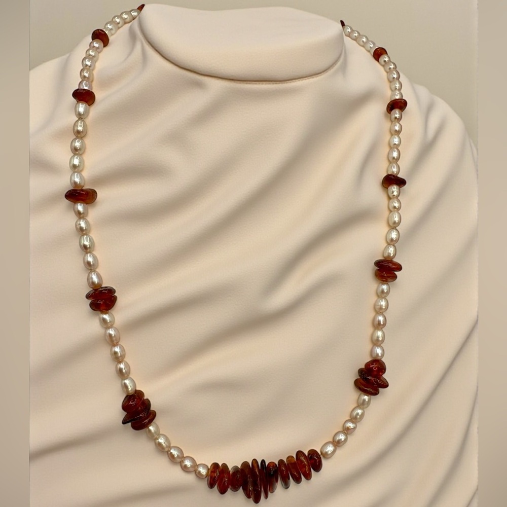 Genuine Amber & Freshwater Pearl Necklace – 18” - Picture 16 of 17